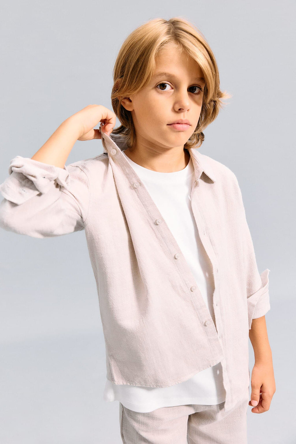 100% Cotton Regular Fit, Linen Look Long Sleeve Beige Shirt For Boys