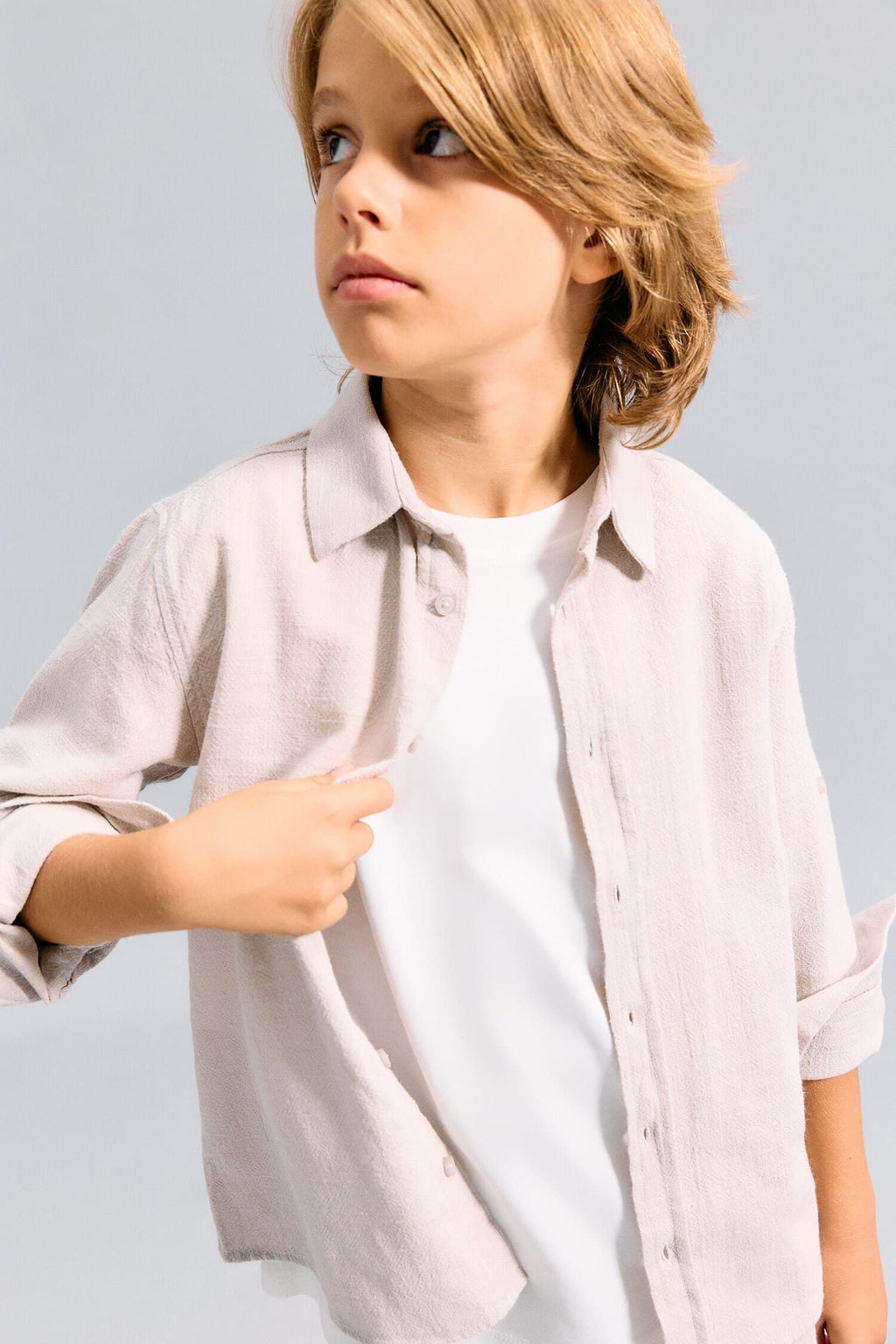 100% Cotton Regular Fit, Linen Look Long Sleeve Beige Shirt For Boys