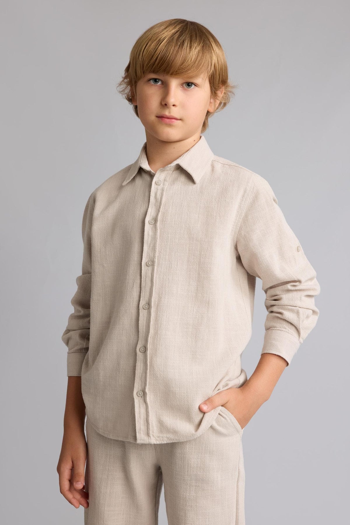 100% Cotton Regular Fit, Linen Look Long Sleeve Beige Shirt For Boys