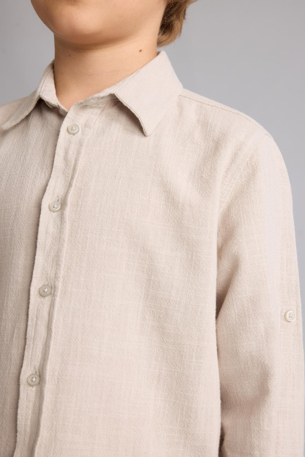 100% Cotton Regular Fit, Linen Look Long Sleeve Beige Shirt For Boys