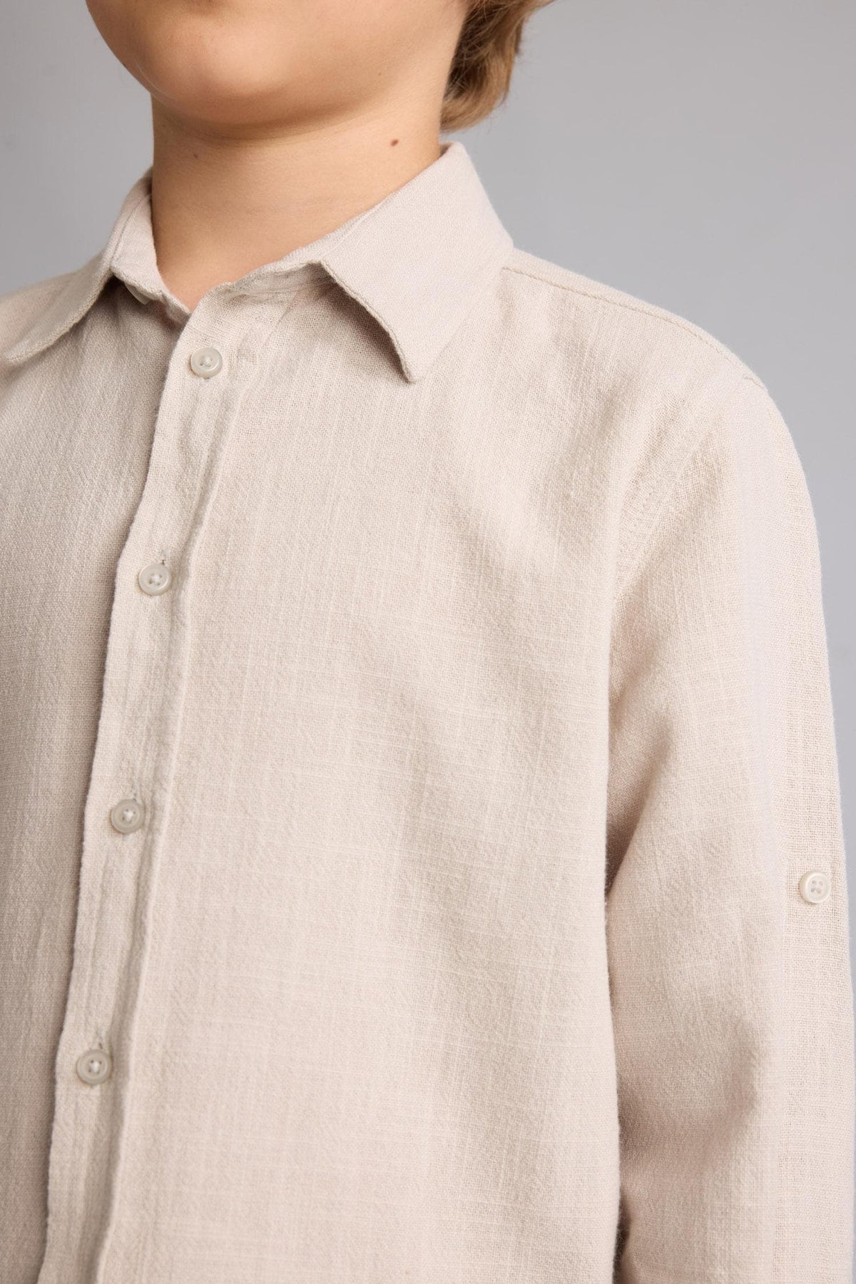 100% Cotton Regular Fit, Linen Look Long Sleeve Beige Shirt For Boys
