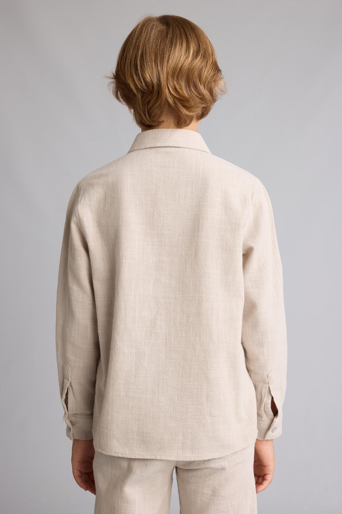 100% Cotton Regular Fit, Linen Look Long Sleeve Beige Shirt For Boys