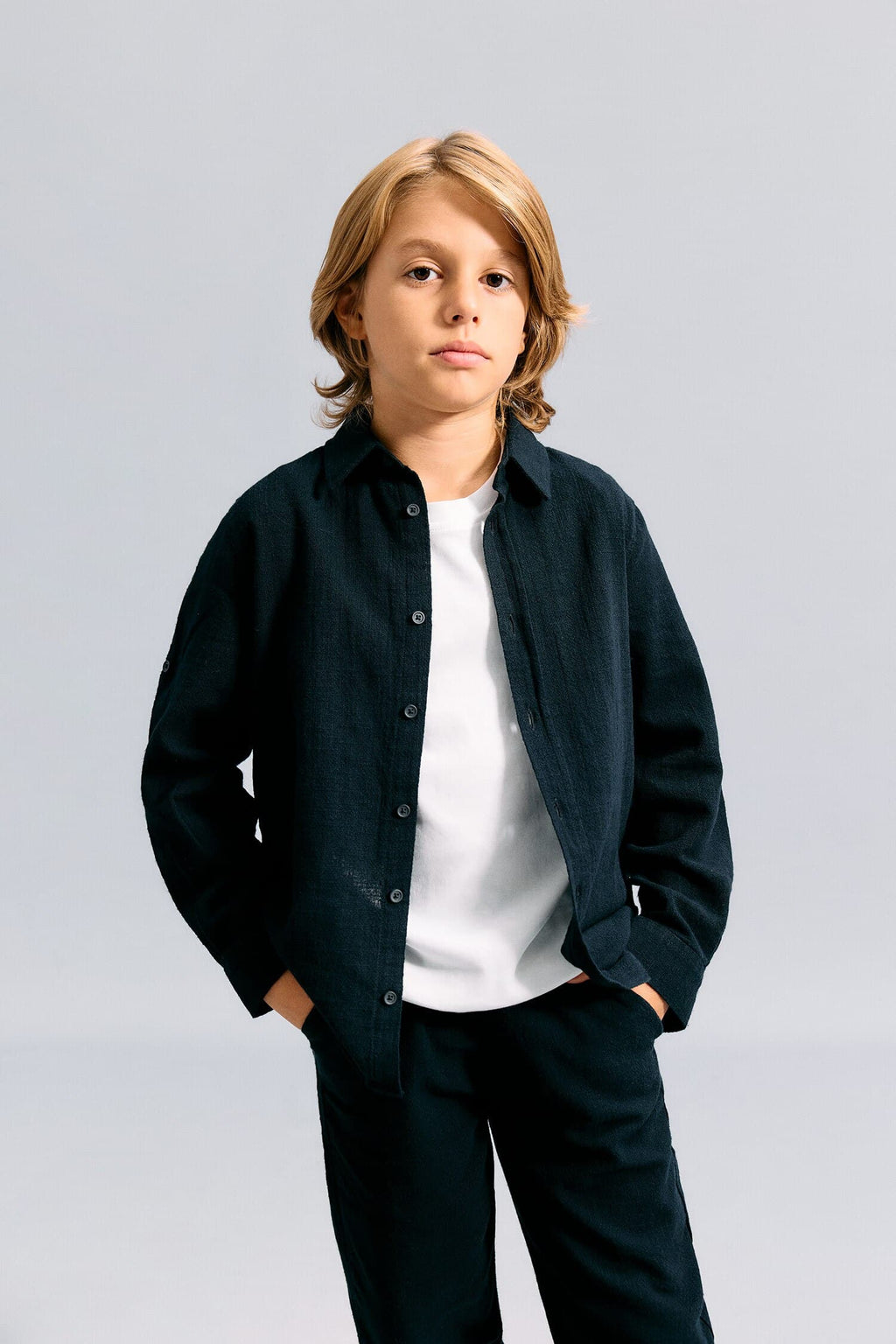 100% Cotton Regular Fit, Linen Look Long Sleeve Beige Shirt For Boys