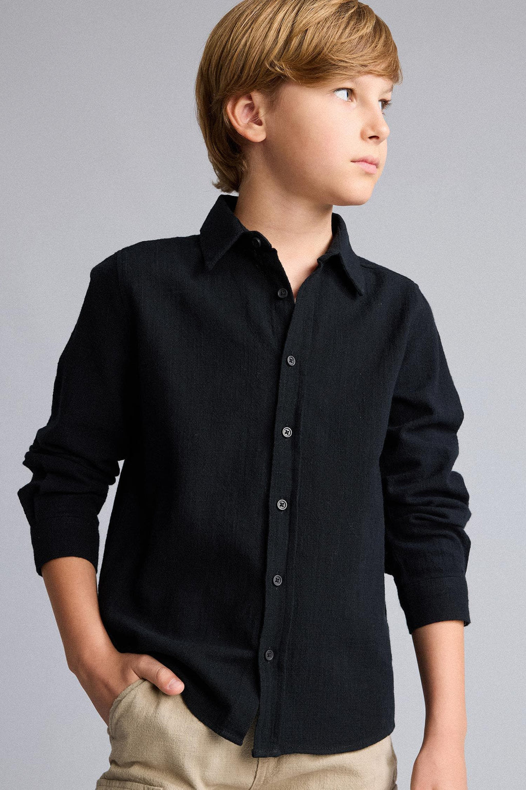 100% Cotton Regular Fit, Linen Look Long Sleeve Beige Shirt For Boys