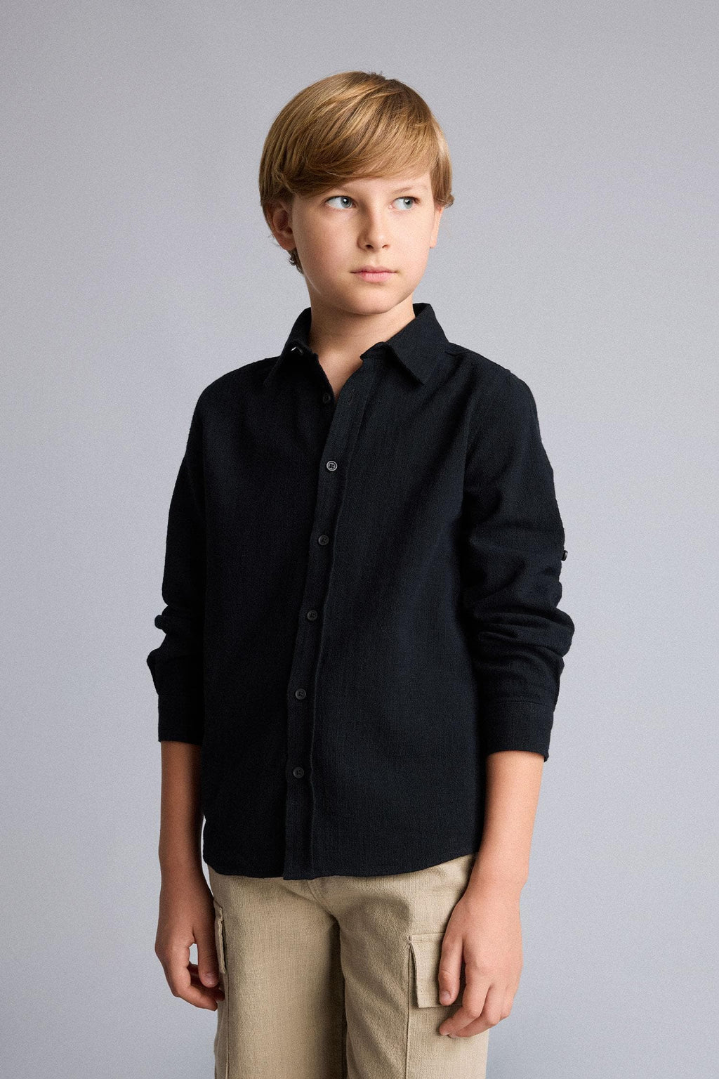 100% Cotton Regular Fit, Linen Look Long Sleeve Beige Shirt For Boys