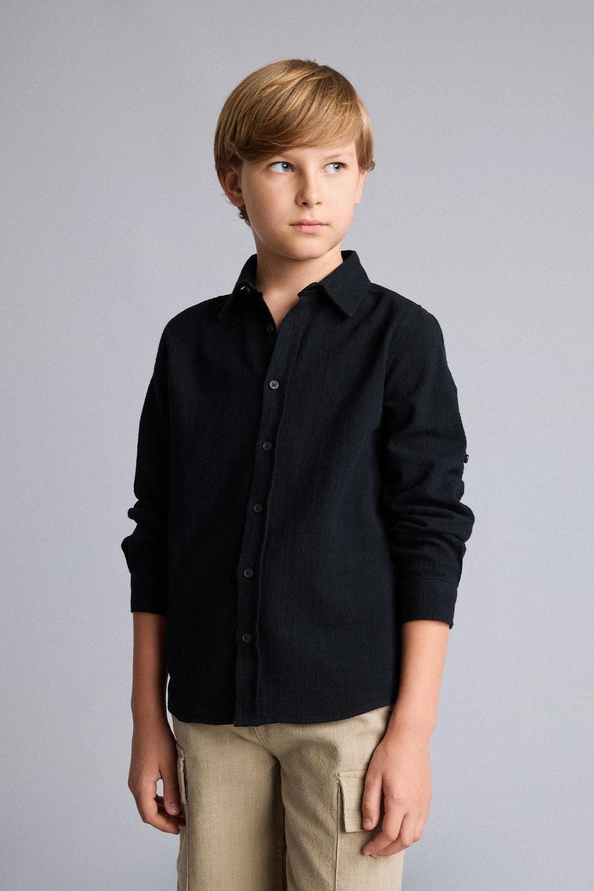 100% Cotton Regular Fit, Linen Look Long Sleeve Beige Shirt For Boys
