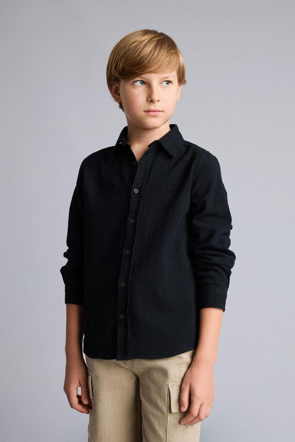 100% Cotton Regular Fit, Linen Look Long Sleeve Beige Shirt For Boys