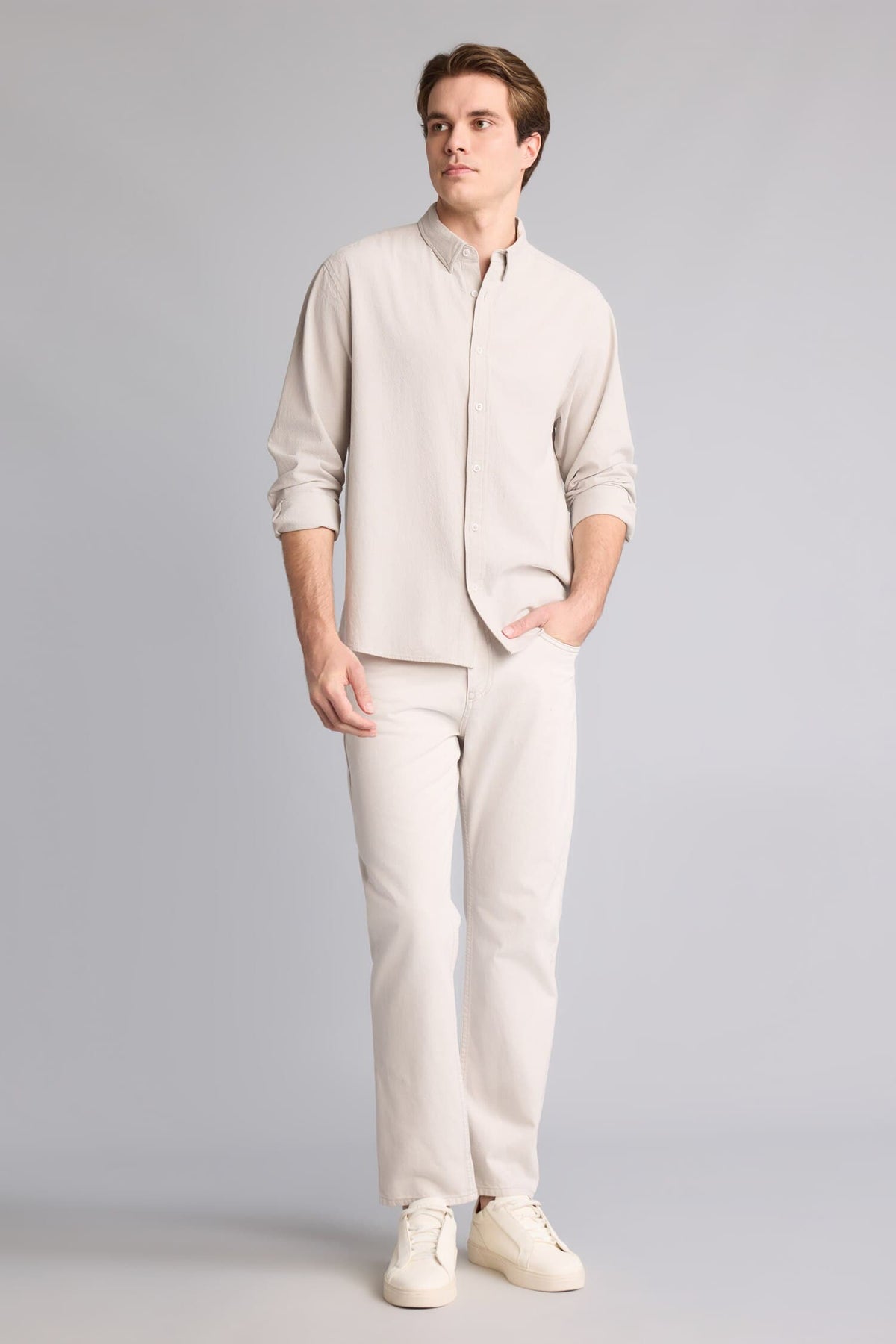 Relax Fit Button-Down Collar Cotton Long Sleeve Shirt