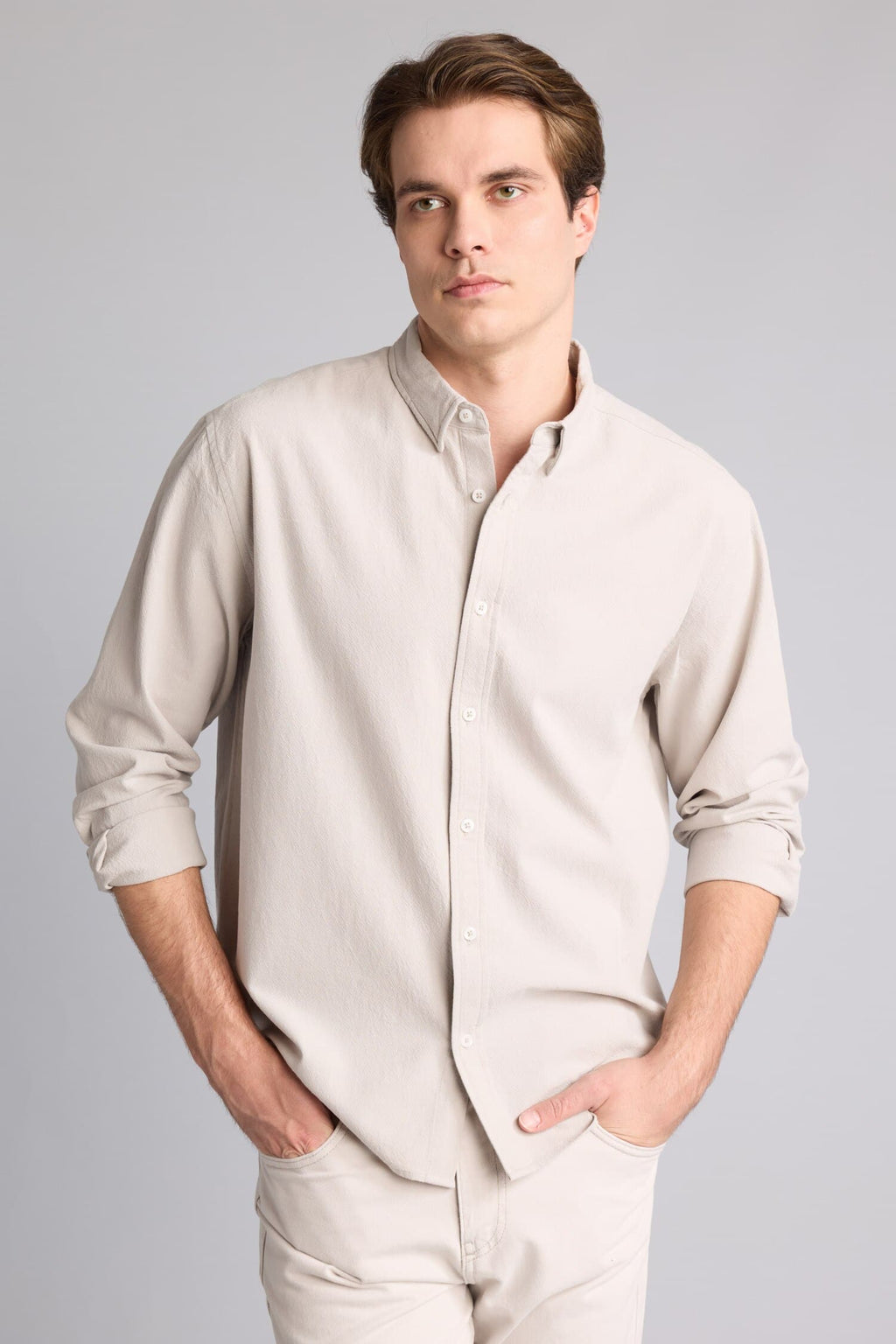 Relax Fit Button-Down Collar Cotton Long Sleeve Shirt