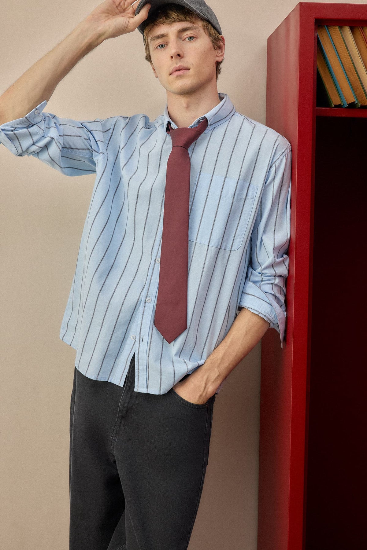 Relax Fit Polo Collar Cotton Long Sleeve Striped Shirt