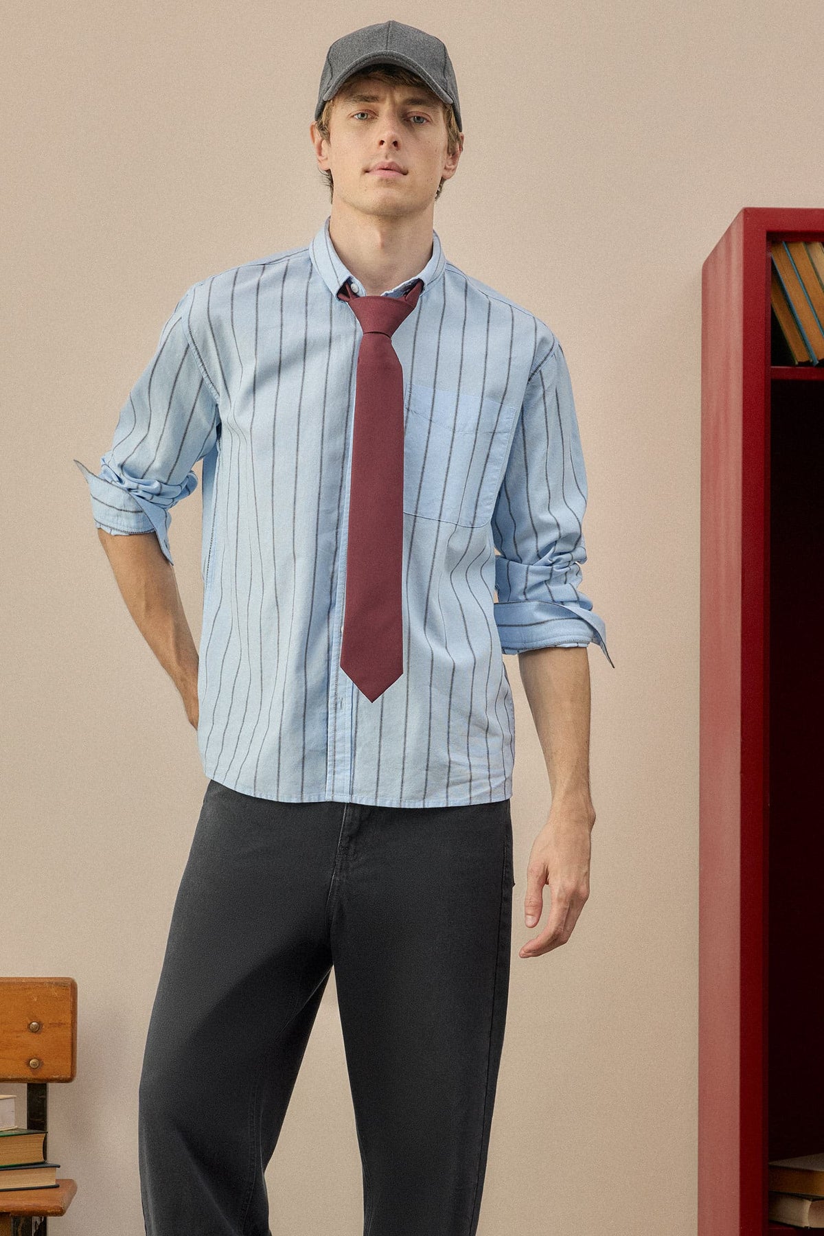 Relax Fit Polo Collar Cotton Long Sleeve Striped Shirt