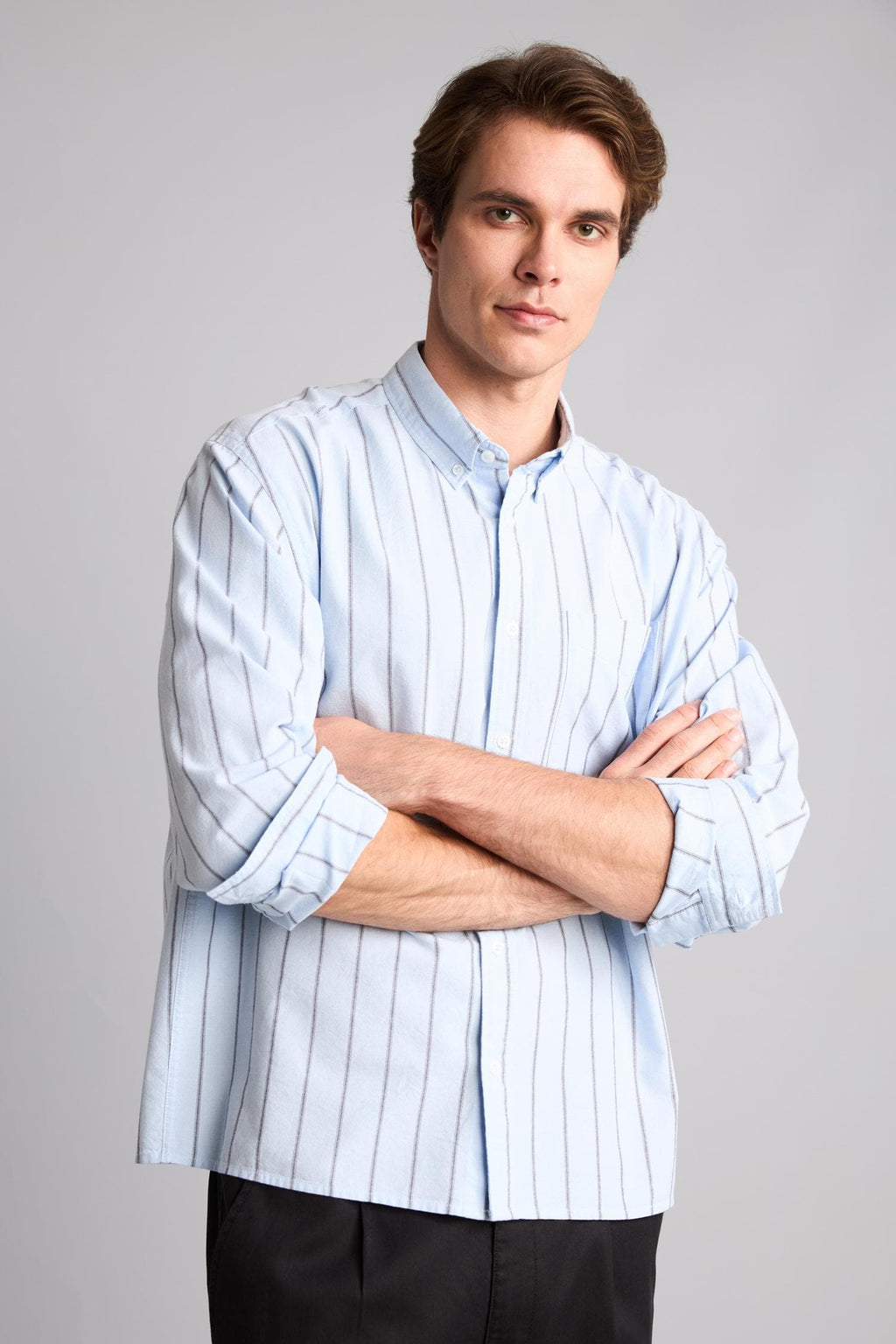 Relax Fit Polo Collar Cotton Long Sleeve Striped Shirt