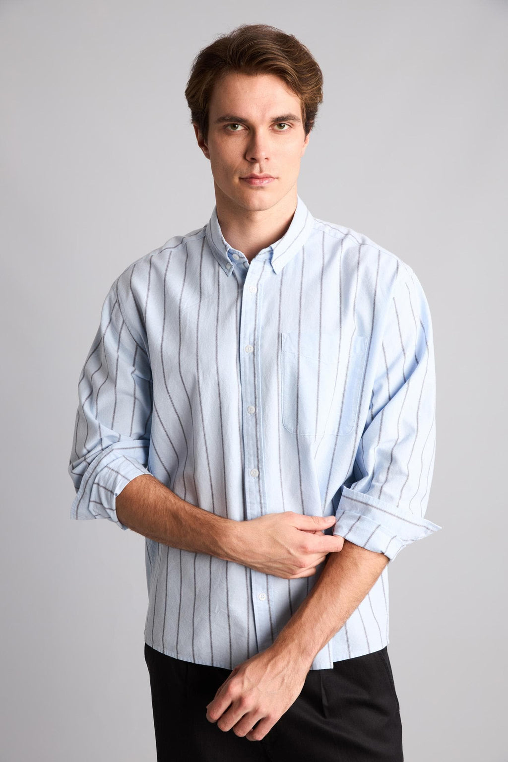 Relax Fit Polo Collar Cotton Long Sleeve Striped Shirt