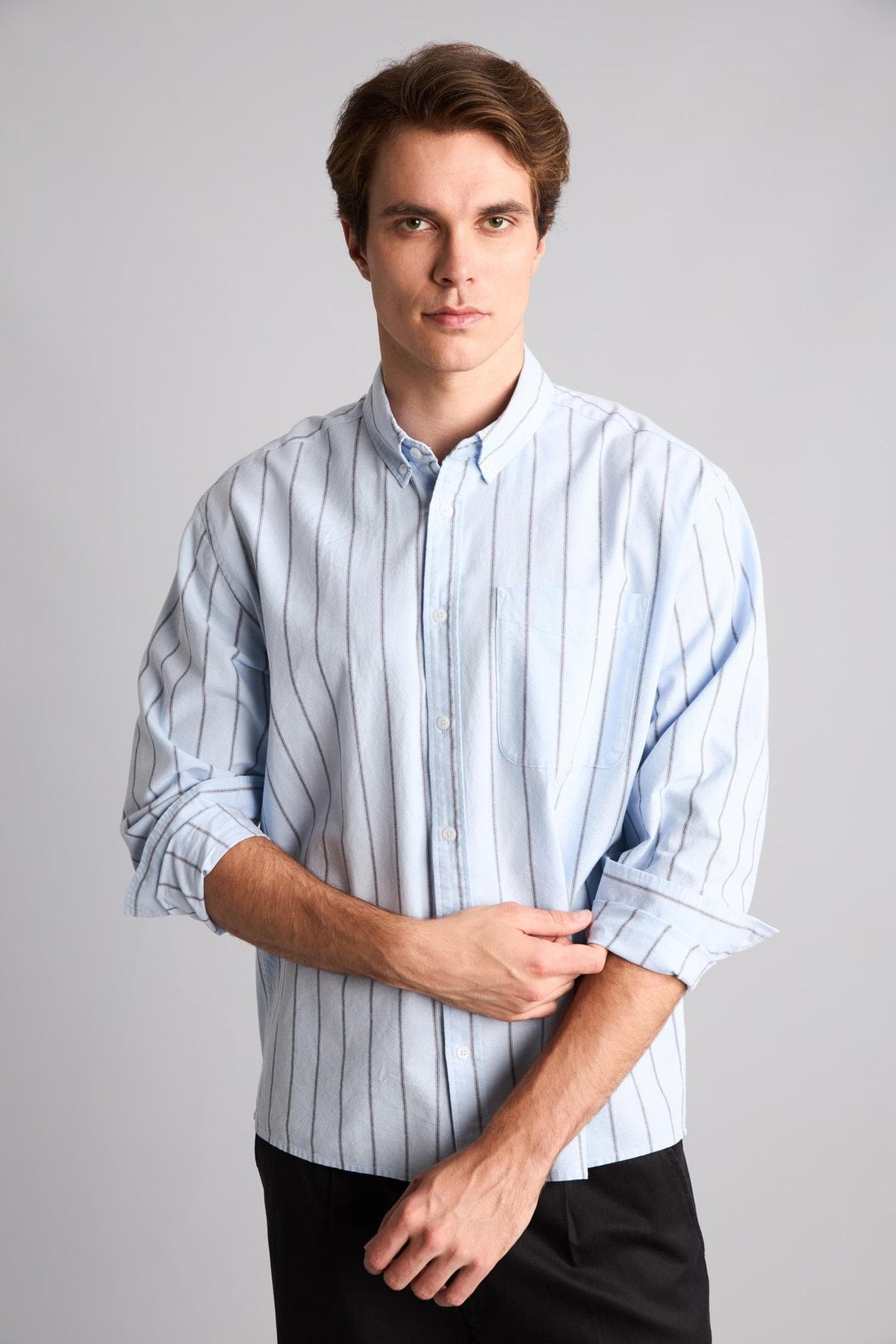 Relax Fit Polo Collar Cotton Long Sleeve Striped Shirt