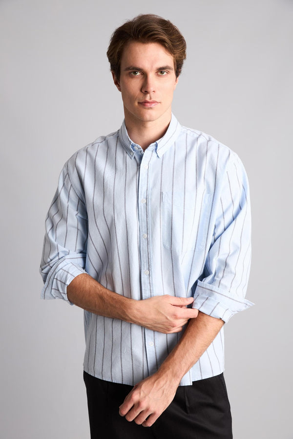 Relax Fit Polo Collar Cotton Long Sleeve Striped Shirt