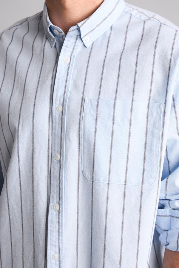 Relax Fit Polo Collar Cotton Long Sleeve Striped Shirt