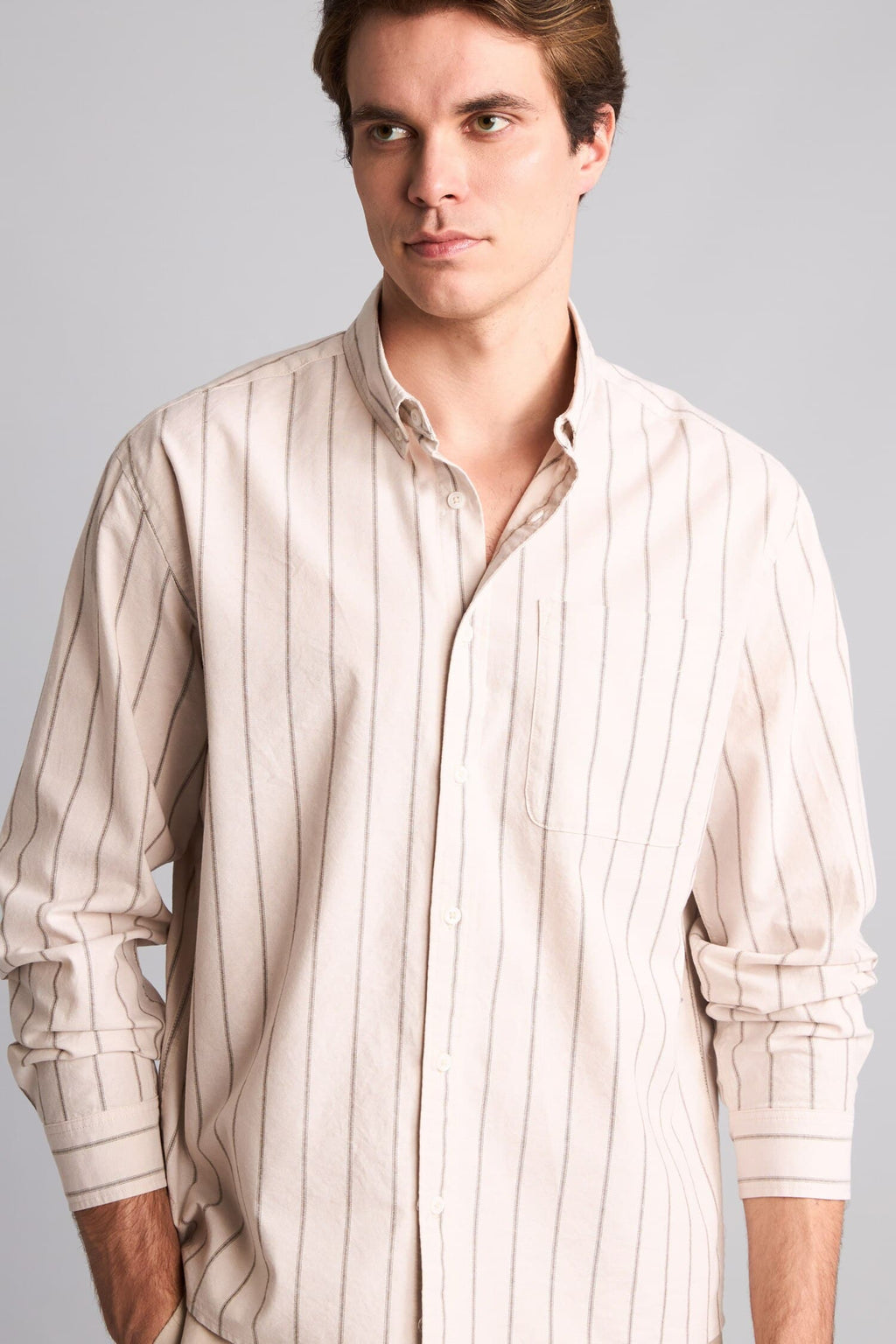 Relax Fit Polo Collar Cotton Long Sleeve Striped Shirt