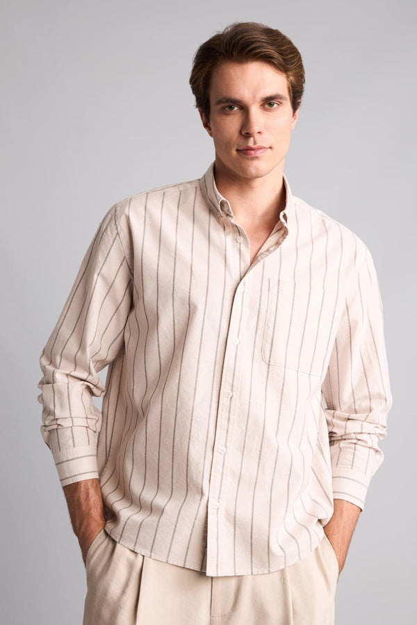 Relax Fit Polo Collar Cotton Long Sleeve Striped Shirt