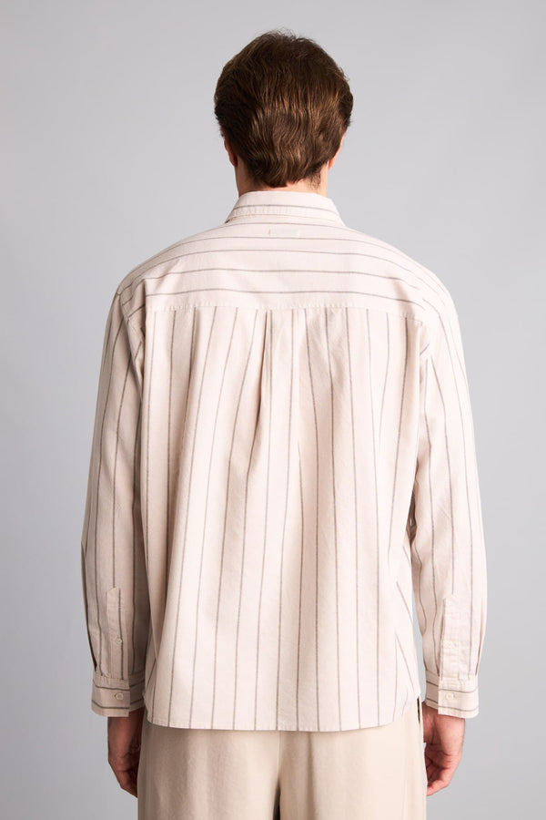 Relax Fit Polo Collar Cotton Long Sleeve Striped Shirt