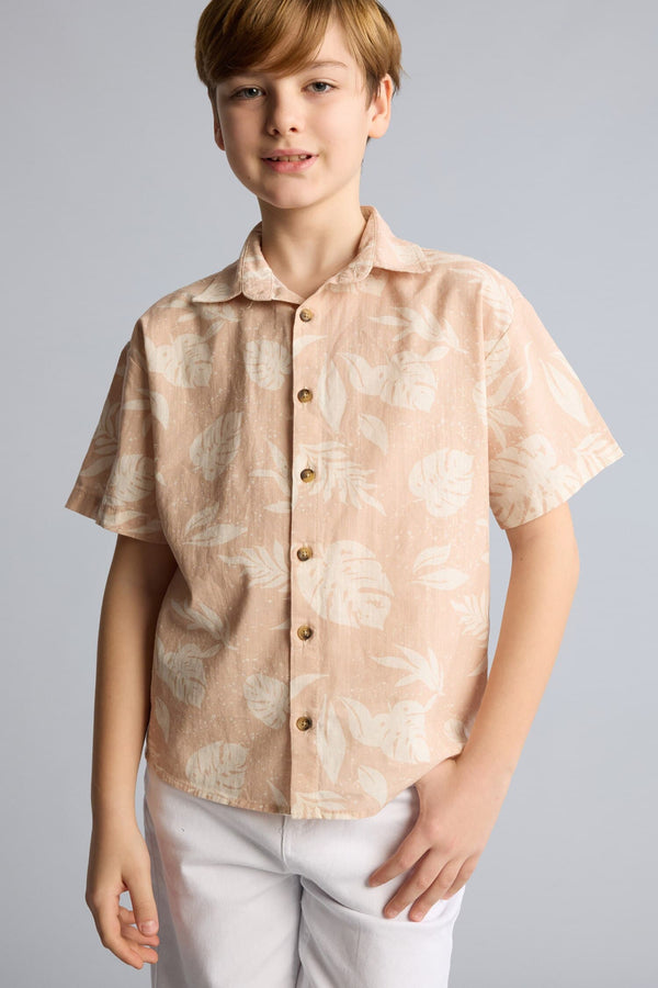100% Cotton Regular Fit Tropical Patterned Short Sleeve Shirt Boy