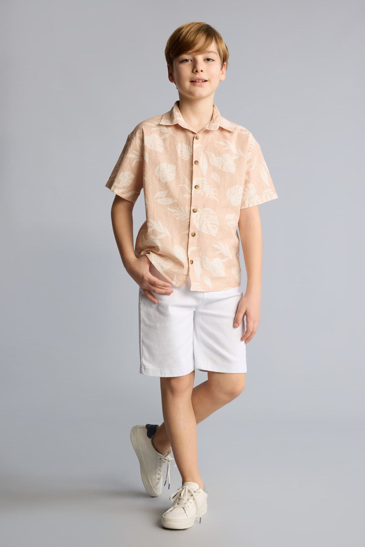 100% Cotton Regular Fit Tropical Patterned Short Sleeve Shirt Boy