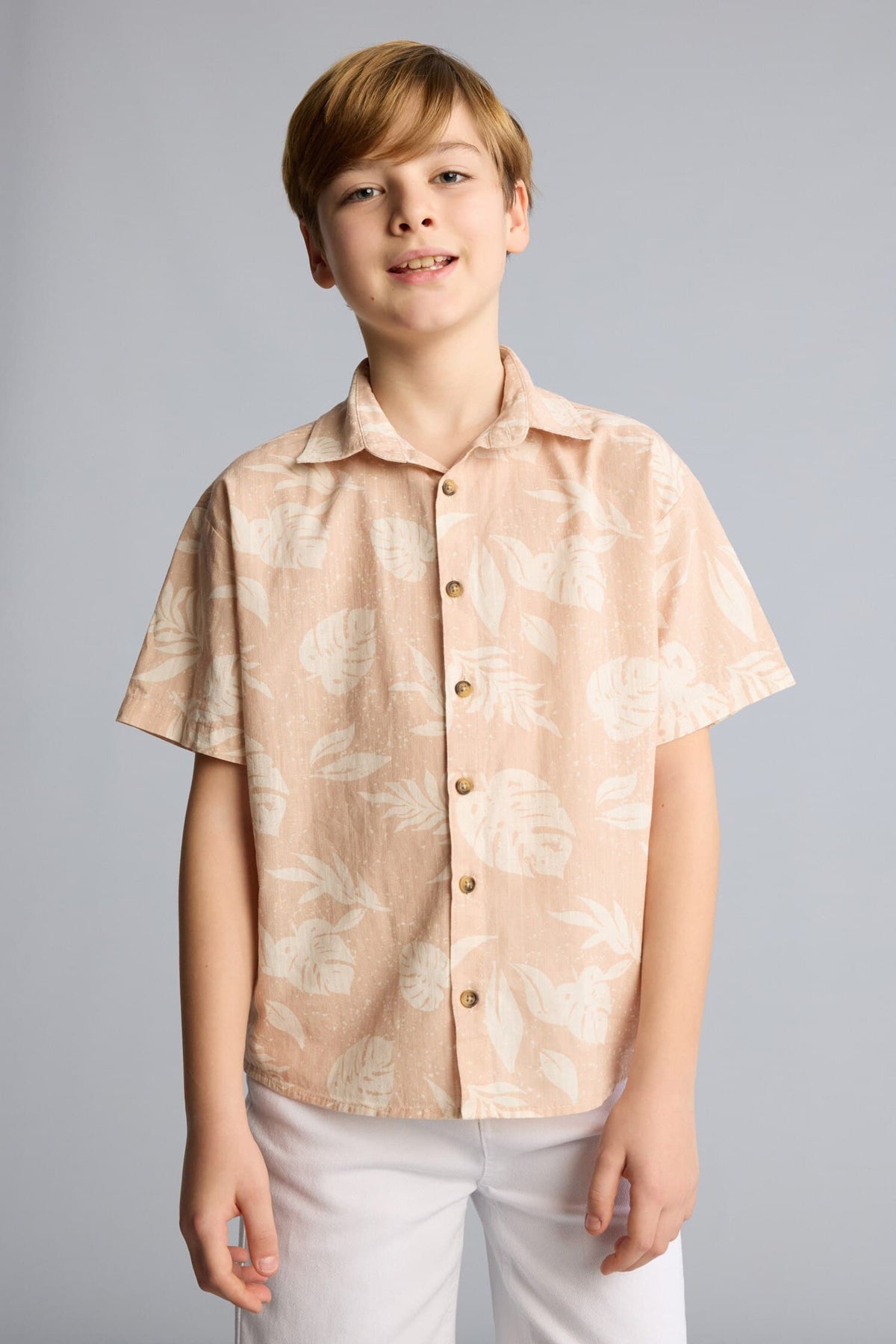 100% Cotton Regular Fit Tropical Patterned Short Sleeve Shirt Boy