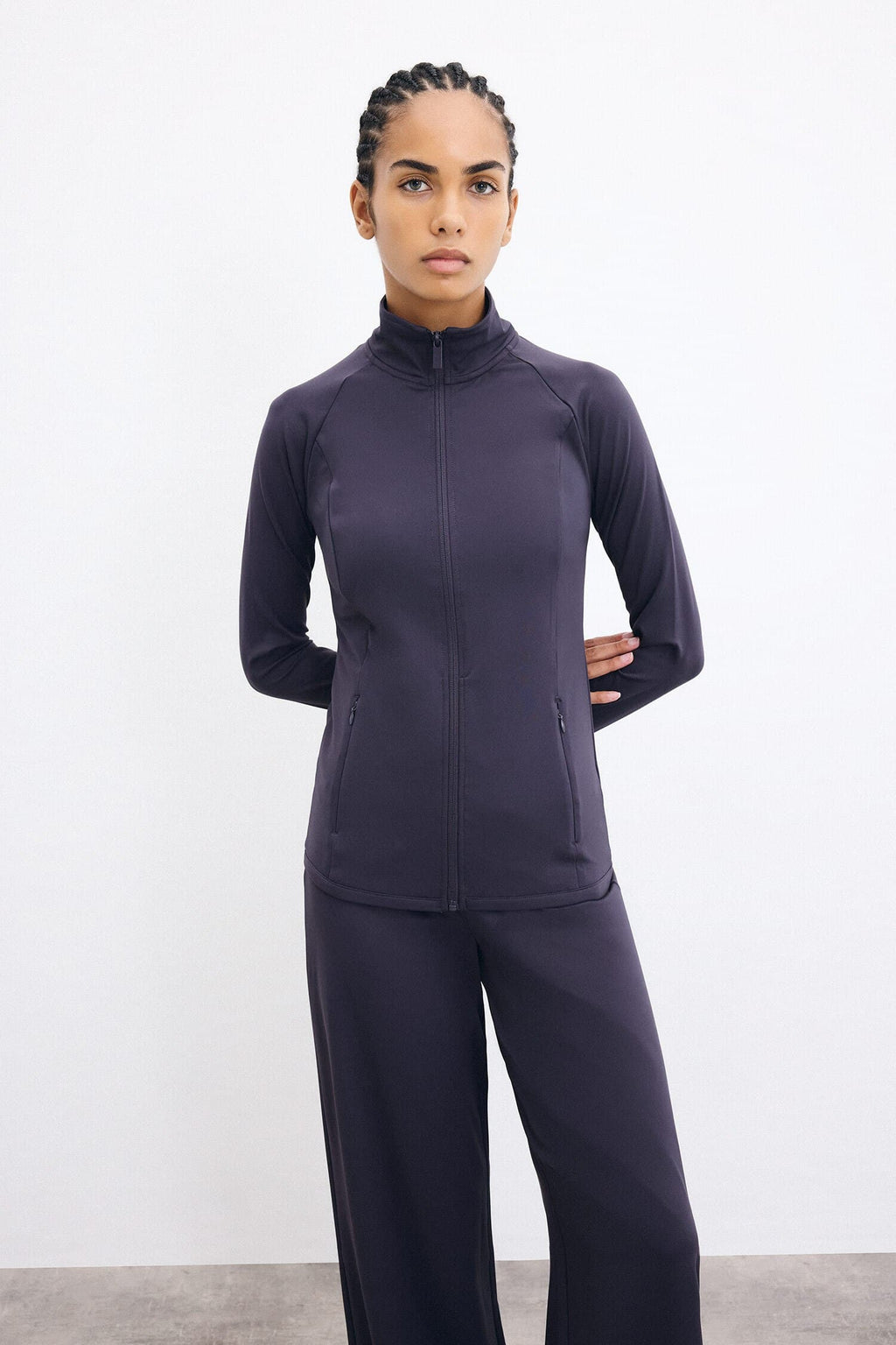 Stretchy Fabric Zippered Raglan Sleeve Fitted Stand-Up Collar Sports Cardigan