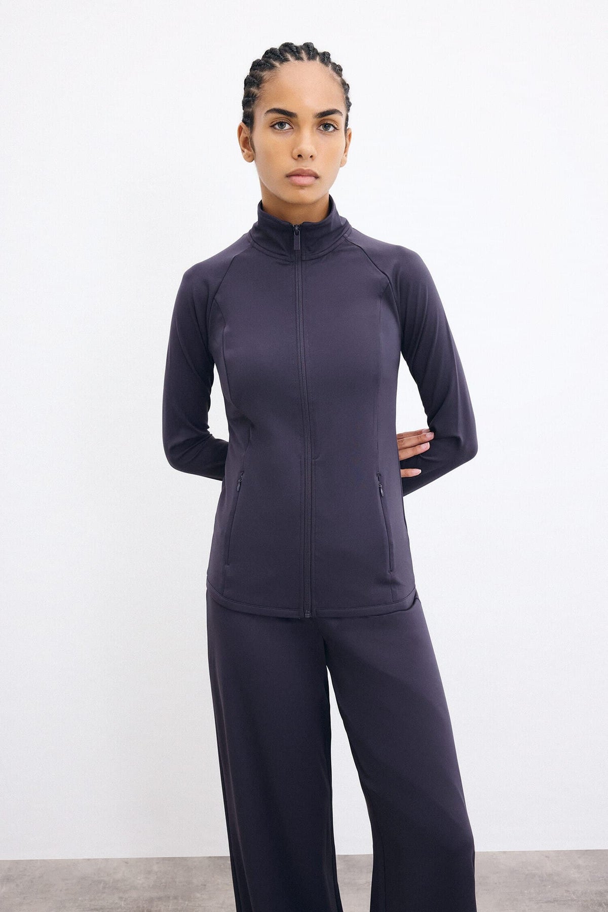 Stretchy Fabric Zippered Raglan Sleeve Fitted Stand-Up Collar Sports Cardigan
