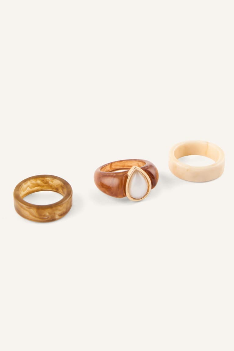 Women Wooden Look 3-Piece Ring Set