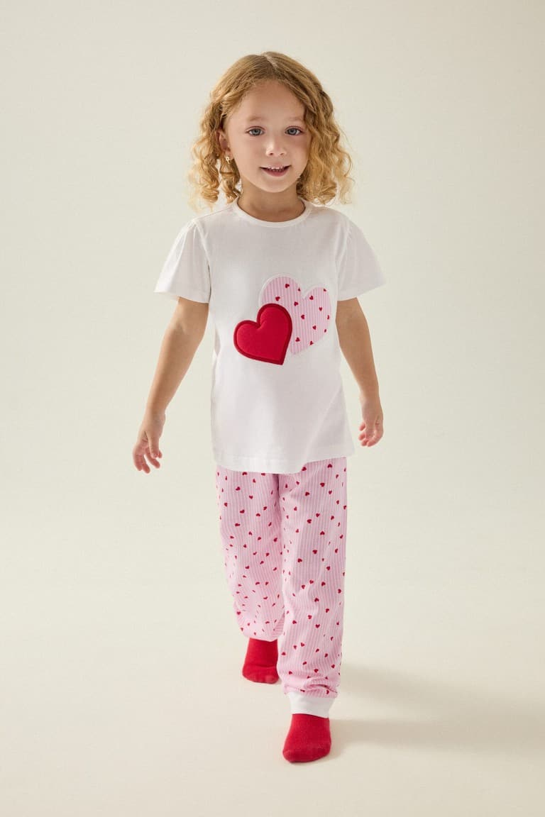 100% Cotton Regular Fit Short Sleeve Printed T-Shirt Polka Dot Elastic Leg Bottom 2 Pack Pajama Set Girls