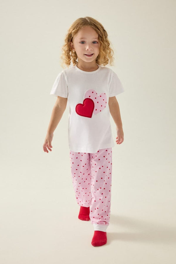 100% Cotton Regular Fit Short Sleeve Printed T-Shirt Polka Dot Elastic Leg Bottom 2 Pack Pajama Set Girls