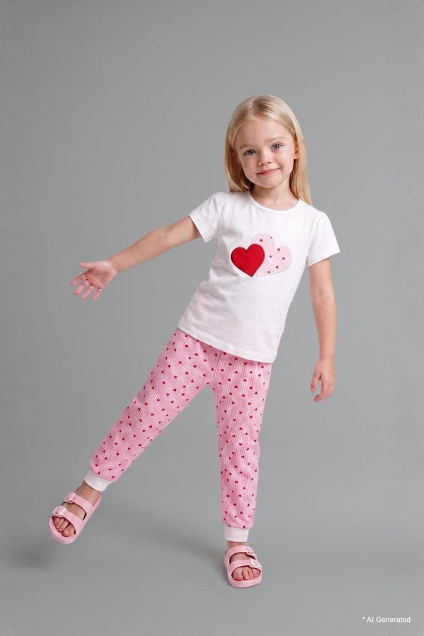 100% Cotton Regular Fit Short Sleeve Printed T-Shirt Polka Dot Elastic Leg Bottom 2 Pack Pajama Set Girls