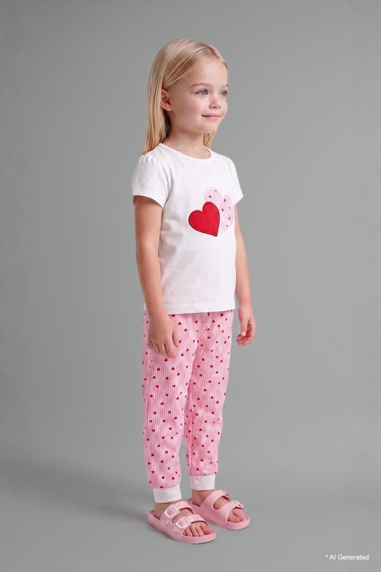 100% Cotton Regular Fit Short Sleeve Printed T-Shirt Polka Dot Elastic Leg Bottom 2 Pack Pajama Set Girls