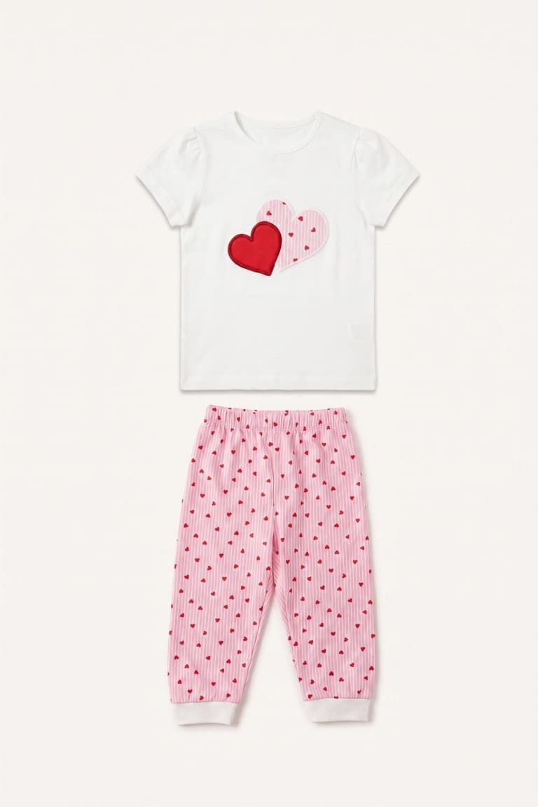 100% Cotton Regular Fit Short Sleeve Printed T-Shirt Polka Dot Elastic Leg Bottom 2 Pack Pajama Set Girls
