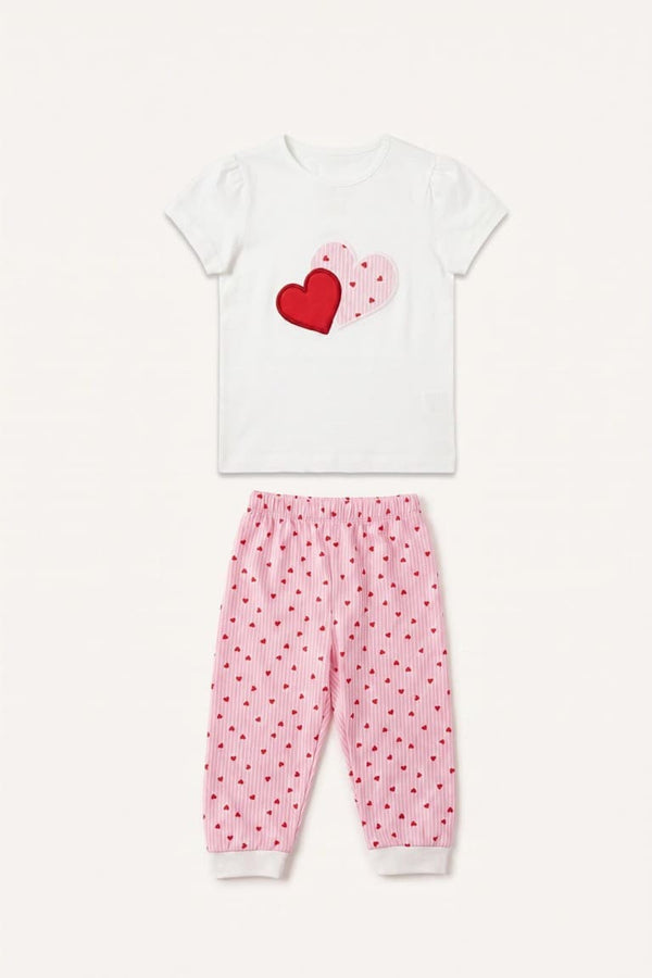 100% Cotton Regular Fit Short Sleeve Printed T-Shirt Polka Dot Elastic Leg Bottom 2 Pack Pajama Set Girls