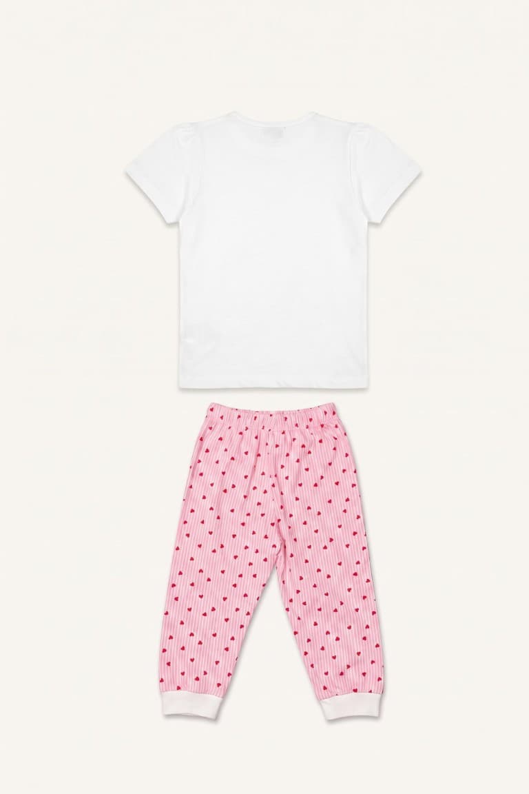 100% Cotton Regular Fit Short Sleeve Printed T-Shirt Polka Dot Elastic Leg Bottom 2 Pack Pajama Set Girls