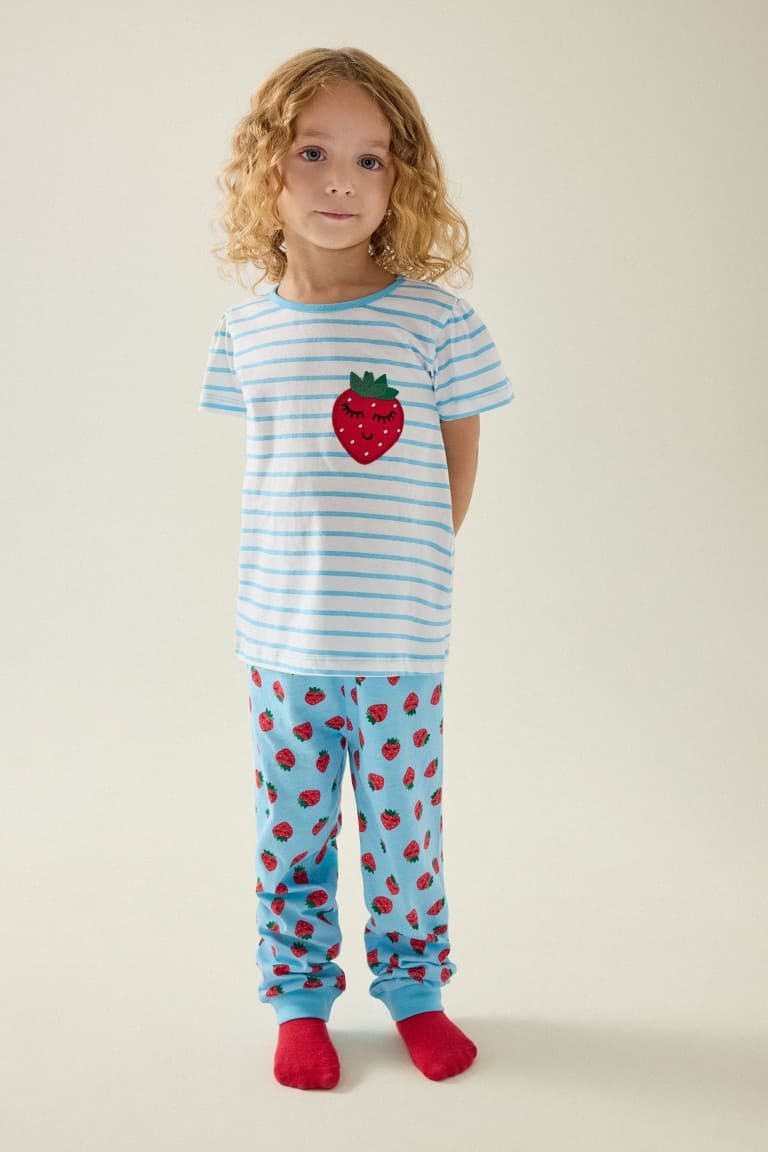 100% Cotton Regular Fit Short Sleeve Printed T-Shirt Printed Elastic Leg Bottom 2 Pcs Pajama Set Girl Baby