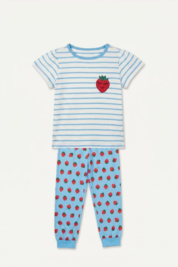 100% Cotton Regular Fit Short Sleeve Printed T-Shirt Printed Elastic Leg Bottom 2 Pcs Pajama Set Girl Baby