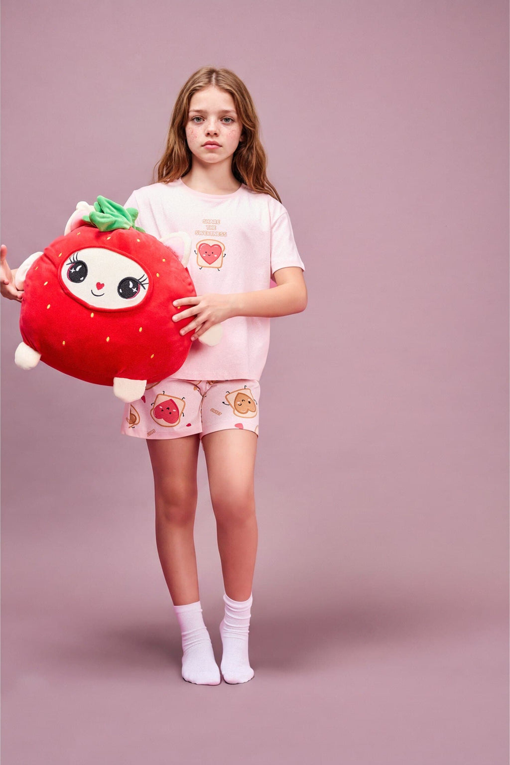 100% Cotton Regular Fit Elastic Waist Light Pink Pajama Set with 2 Hearts for Girls