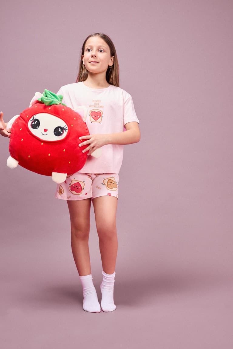 100% Cotton Regular Fit Elastic Waist Light Pink Pajama Set with 2 Hearts for Girls