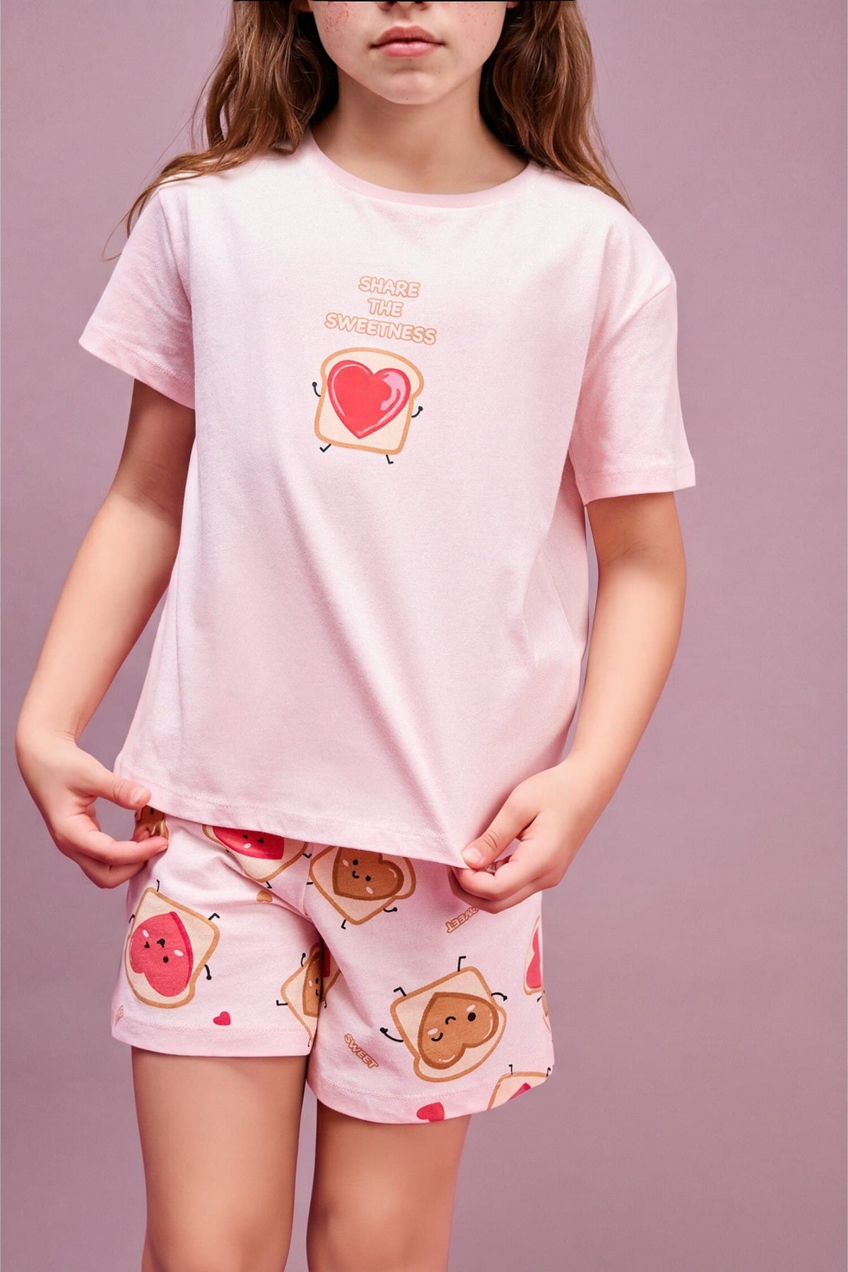 100% Cotton Regular Fit Elastic Waist Light Pink Pajama Set with 2 Hearts for Girls