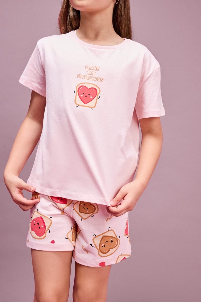 100% Cotton Regular Fit Elastic Waist Light Pink Pajama Set with 2 Hearts for Girls