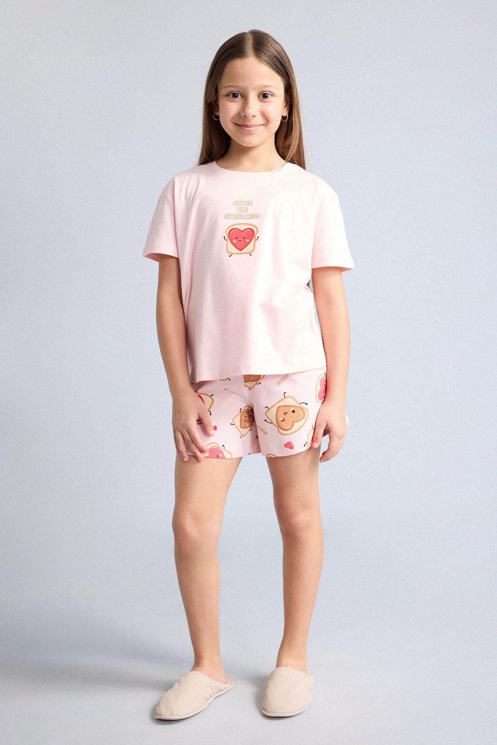 100% Cotton Regular Fit Elastic Waist Light Pink Pajama Set with 2 Hearts for Girls