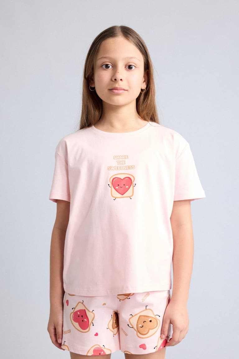100% Cotton Regular Fit Elastic Waist Light Pink Pajama Set with 2 Hearts for Girls