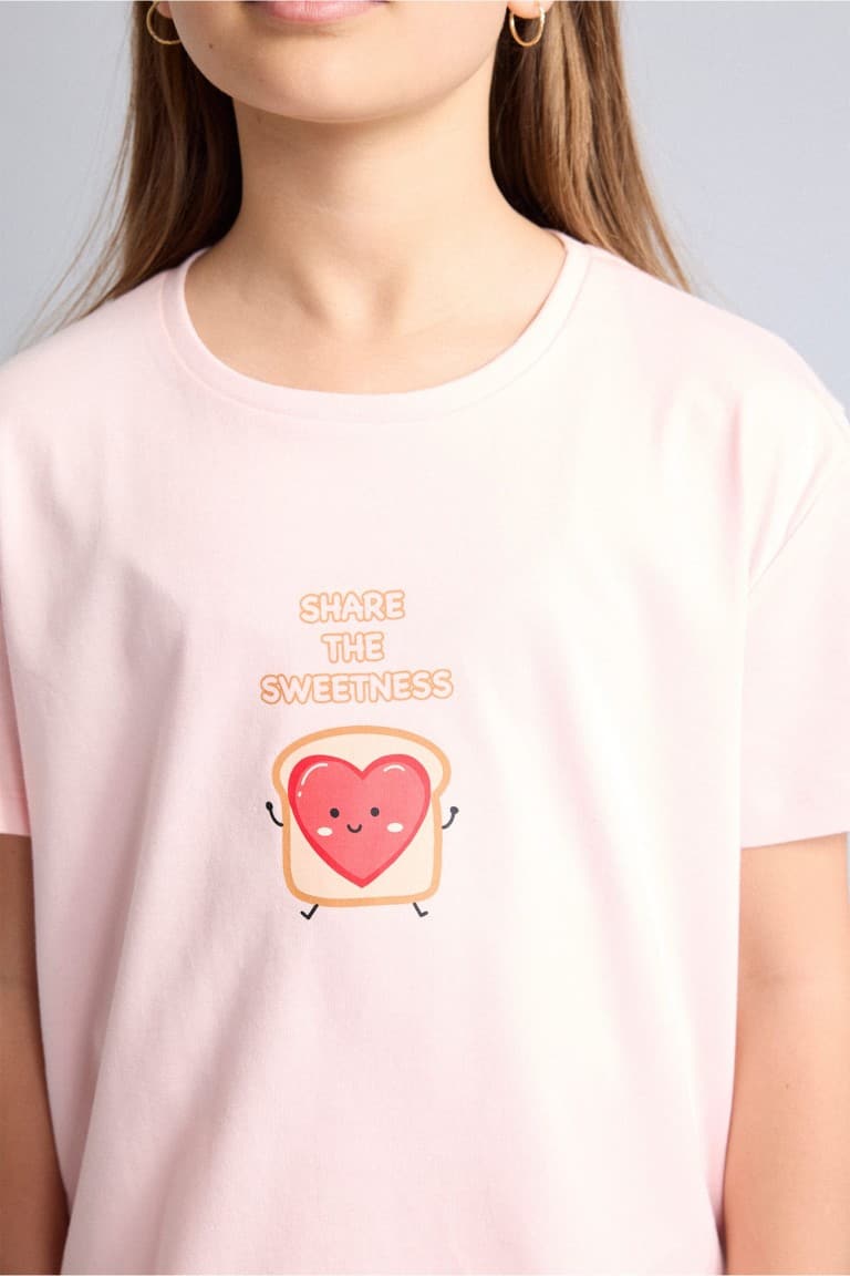 100% Cotton Regular Fit Elastic Waist Light Pink Pajama Set with 2 Hearts for Girls