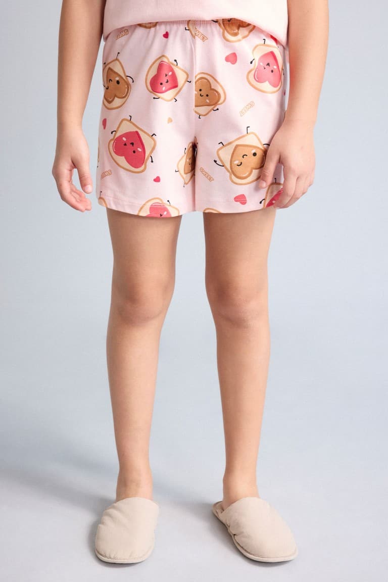 100% Cotton Regular Fit Elastic Waist Light Pink Pajama Set with 2 Hearts for Girls