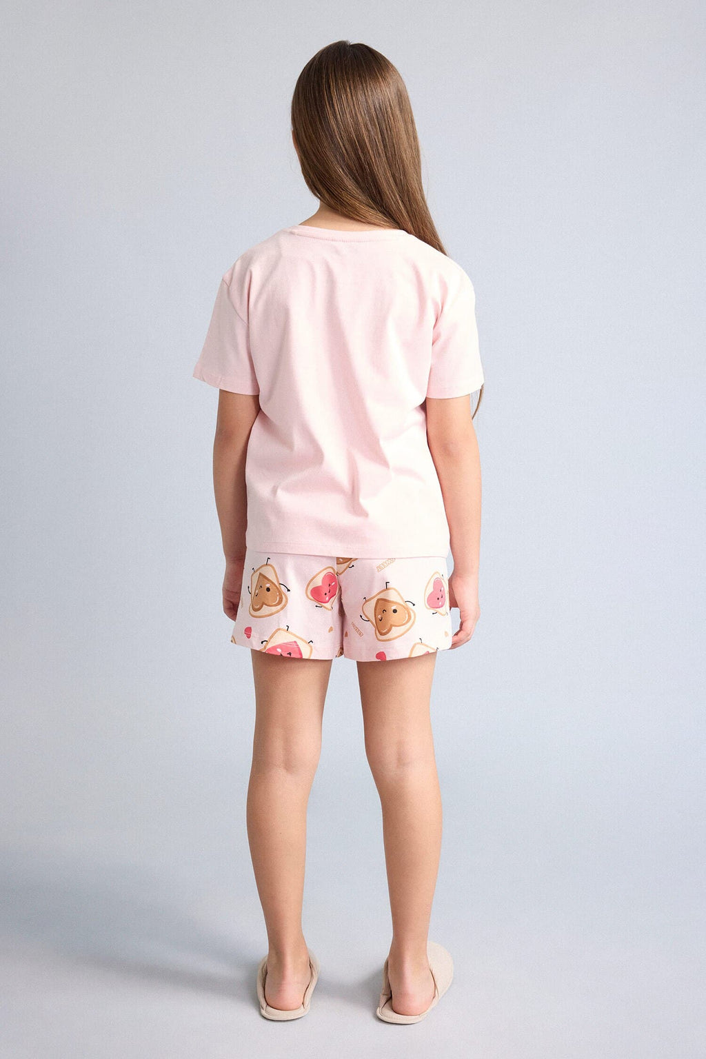 100% Cotton Regular Fit Elastic Waist Light Pink Pajama Set with 2 Hearts for Girls