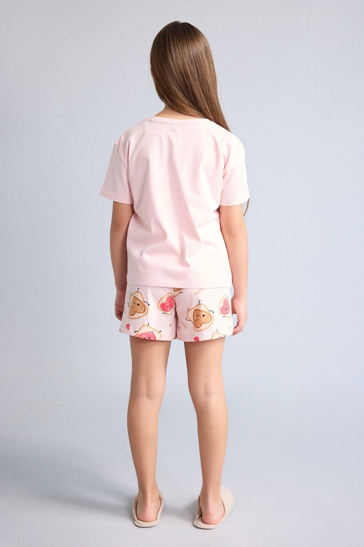 100% Cotton Regular Fit Elastic Waist Light Pink Pajama Set with 2 Hearts for Girls