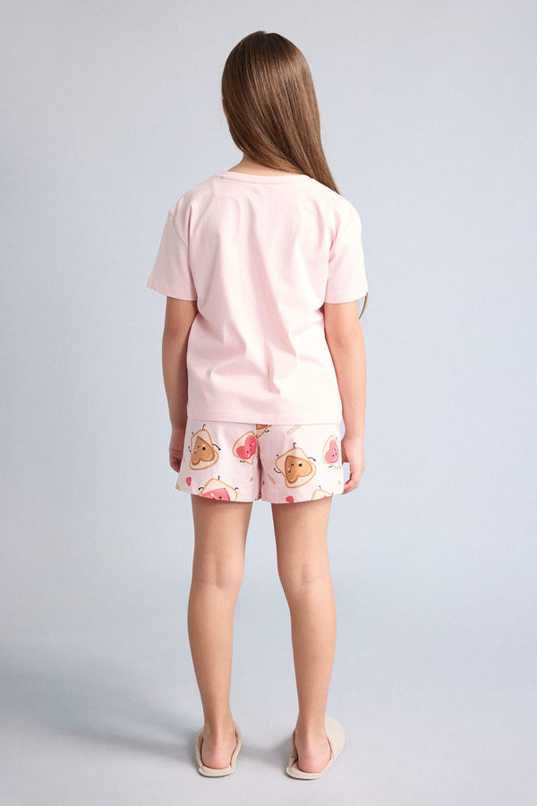 100% Cotton Regular Fit Elastic Waist Light Pink Pajama Set with 2 Hearts for Girls