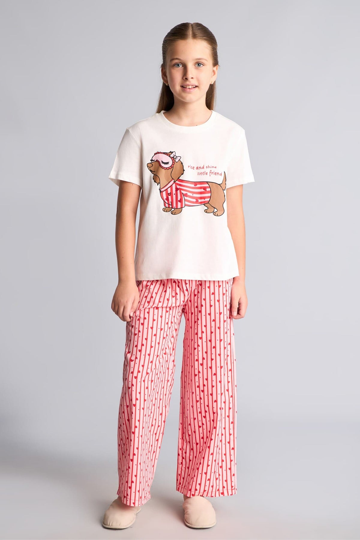 Printed and Striped Regular Fit 2-Piece Pajama Set Girls